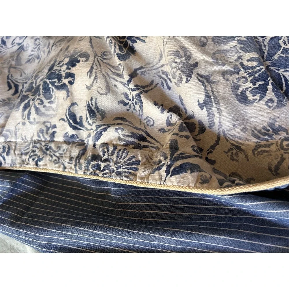 Ralph Lauren Bluff Point Queen Duvet Cover Floral White Blue Stripe Rope Trim‎
